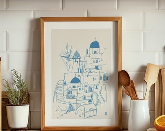 Santorin, Grèce, impression giclée d'art, illustration, art grec, art minimaliste, art déco mural, beaux-arts, dessin croquis