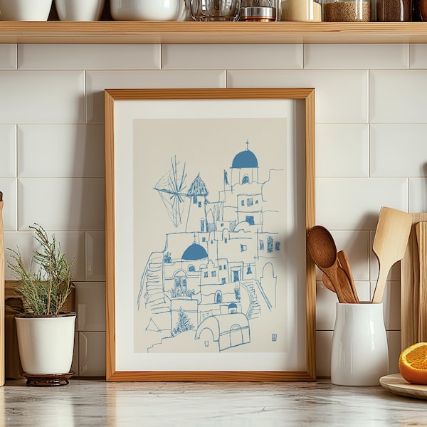 Santorini Greece Art Print: Minimalist Line Art, Greek Island Decor