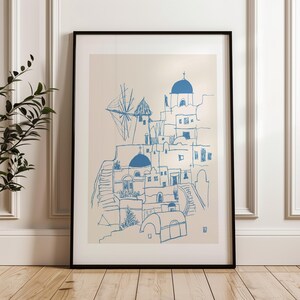 Lámina artística de Santorini, Grecia: Arte lineal minimalista, decoración de la isla griega. imagen 4