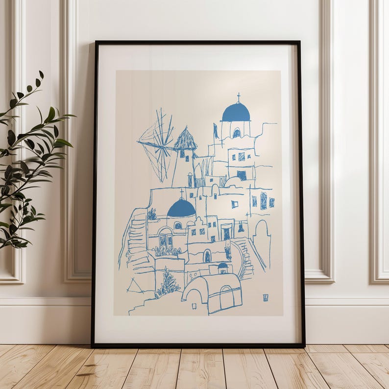 Lámina artística de Santorini, Grecia: Arte lineal minimalista, decoración de la isla griega. imagen 4