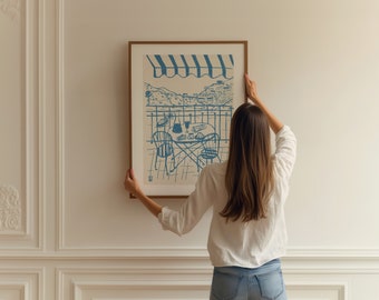 Positano Italy Giclée Print: Minimalist Balcony Scene, Amalfi Coast Art