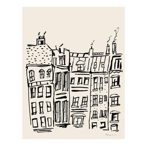 May include: A black ink line drawing on a light beige background depicting a row of multi-story urban buildings. The illustration features architectural details like rectangular windows, chimneys with smoke, and sloped roofs in a loose style.