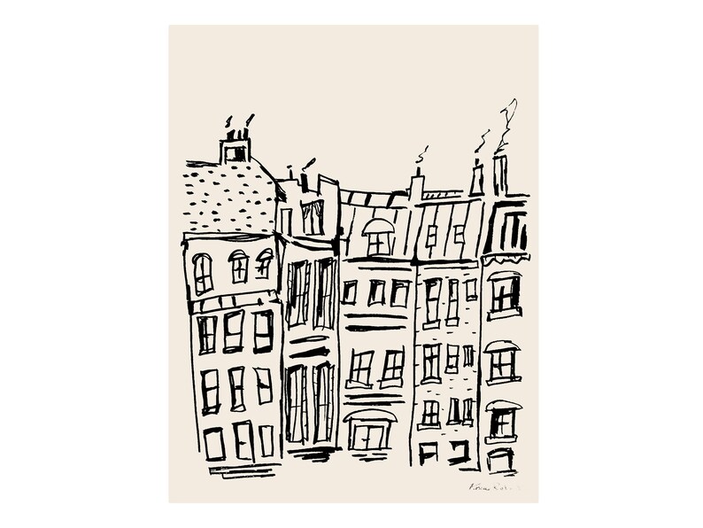 May include: A black ink line drawing on a light beige background depicting a row of multi-story urban buildings. The illustration features architectural details like rectangular windows, chimneys with smoke, and sloped roofs in a loose style.