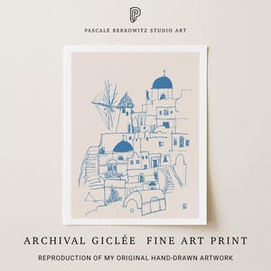 An archival giclée fine art print by Pascale Berkowitz Studio Art, featuring a hand-drawn, minimalist blue line illustration art of a Greek island village with domed blue church roofs, a windmill, and whitewashed buildings with staircases, set against a soft beige background.