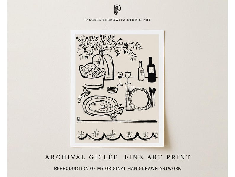 An archival giclée fine art print by Pascale Berkowitz Studio Art, featuring a hand-drawn black-and-white food illustration of a picnic table setting with a fish dish, bread, wine bottles, glasses, and a vase of branches, bordered by a decorative scalloped design.