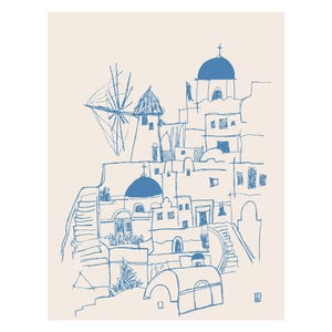 Puede incluir: Una ilustraci&oacute;n de l&iacute;neas en tinta azul sobre un fondo beige claro que representa un pueblo en la ladera con edificios abovedados, un molino de viento y escaleras. El boceto muestra estructuras arquitect&oacute;nicas con techos redondeados.