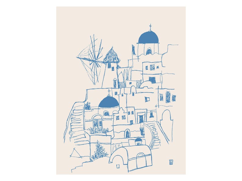 Puede incluir: Una ilustraci&oacute;n de l&iacute;neas en tinta azul sobre un fondo beige claro que representa un pueblo en la ladera con edificios abovedados, un molino de viento y escaleras. El boceto muestra estructuras arquitect&oacute;nicas con techos redondeados.