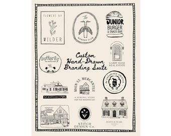 Könnte beinhalten: Eine Sammlung von handgezeichneten Logos und Branding-Elementen in Schwarz-Weiß auf cremefarbenem Hintergrund. Der Text lautet Custom Hand-Drawn Branding Suite, Flowers by Wilder, The Wander Club, Junior Burger & Snack Bar, Gabby Elise Real Estate, The Old Village Store, Main St. Mercantile, The Unearthed Creative, Codman Community Farms, Stitch Design Co. und Penny & Pearl.