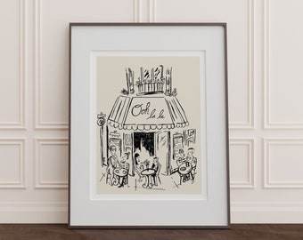 A Parisienne Cafe Art Print, Giclée Fine Art Print of an Original Sketch Illustration, "Ooh La La", Wall Art Decor