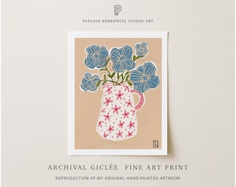 Blue Floral Still Life Art Print: Cottage Wall Decor