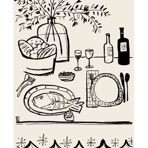 Food Art Print, Kitchen Wall Decor, Picnic Illustration Black