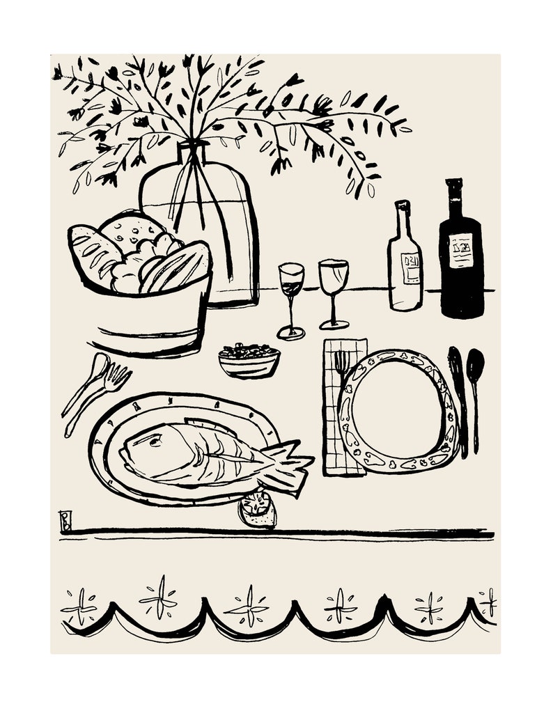 Food Art Print, Kitchen Wall Decor, Picnic Illustration Black