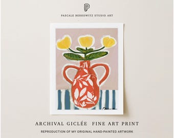 Still Life Floral Giclée Art Print: Yellow Flowers in Orange Vase