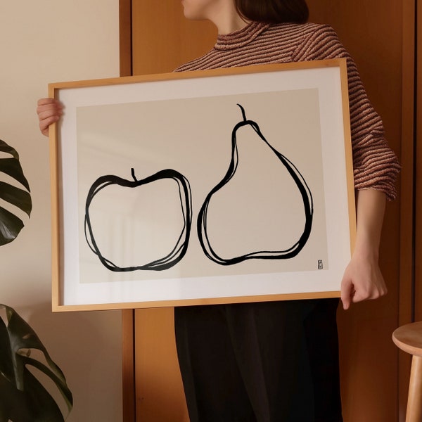 Apple and Pear Art Print, Giclée Fine Art Print of an Original Sketch Illustration, "Apple and Pear", Wall Art Decor