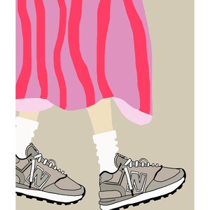 May include: A pair of gray sneakers with white laces and a white "N" logo. The sneakers are worn by a person wearing a pink and white striped skirt.