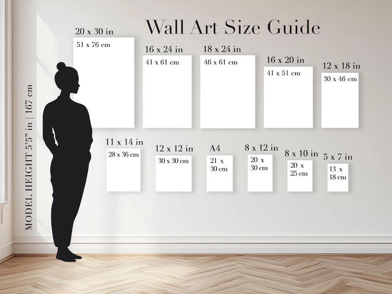 Puede incluir: Una gu&iacute;a de tama&ntilde;os para arte de pared que muestra varias dimensiones de marcos rectangulares en pulgadas y cent&iacute;metros. Una silueta negra de una persona de 167 cm de altura se encuentra junto a once rect&aacute;ngulos blancos de impresi&oacute;n.