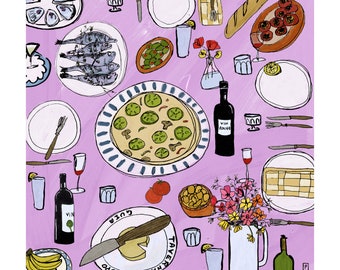 Italian Food Art Print: Taverna del Lupo Illustration, Dining Room Decor