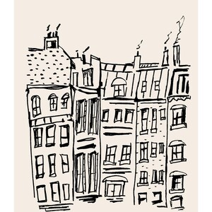 May include: A black ink line drawing on a light beige background depicting a row of multi-story urban buildings. The illustration features architectural details like windows, chimneys with smoke, and rooflines rendered in a loose, gestural style.