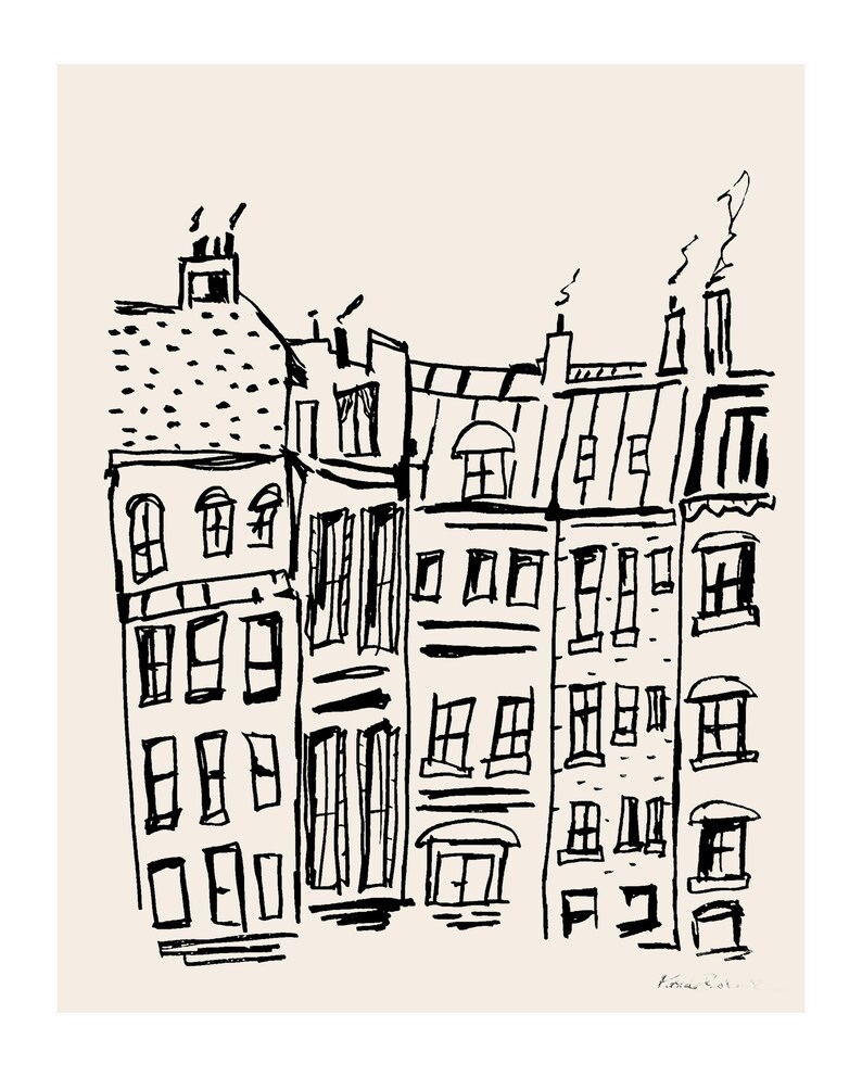 May include: A black ink line drawing on a light beige background depicting a row of multi-story urban buildings. The illustration features architectural details like windows, chimneys with smoke, and rooflines rendered in a loose, gestural style.