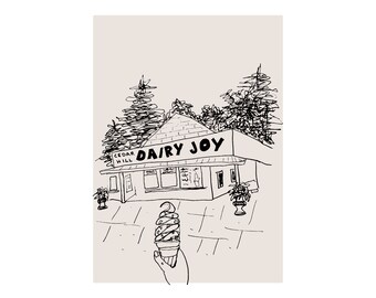 Dairy Joy Ice Cream Shop Art Print, Giclée Fine Art Print Signed by Artist of an Original Sketch Illustration,  5" x 7", Wall Art Decor