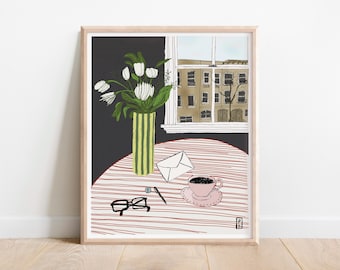 Still Life Art Print: Brownstone View, Modern Home Decor, Sunday Morning Coffee