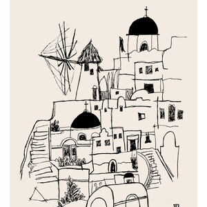 Lámina artística de Santorini, Grecia: Arte lineal minimalista, decoración de la isla griega. Black