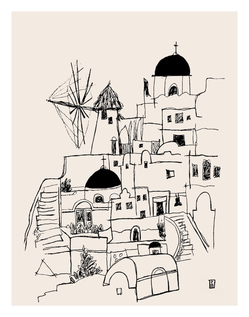 Lámina artística de Santorini, Grecia: Arte lineal minimalista, decoración de la isla griega. Black