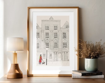 London Dog Walker Art Print: Whimsical Architecture Illustration
