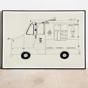 MISTER SOFTEE TRUCK Stampa Giclée Fine Art, Illustrazione a schizzo, Disegno lineare, Stampa Fine Art, Decorazione murale, Arte del gelato, Decorazione per la cameretta dei bambini