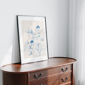 Lámina artística de Santorini, Grecia: Arte lineal minimalista, decoración de la isla griega. imagen 7