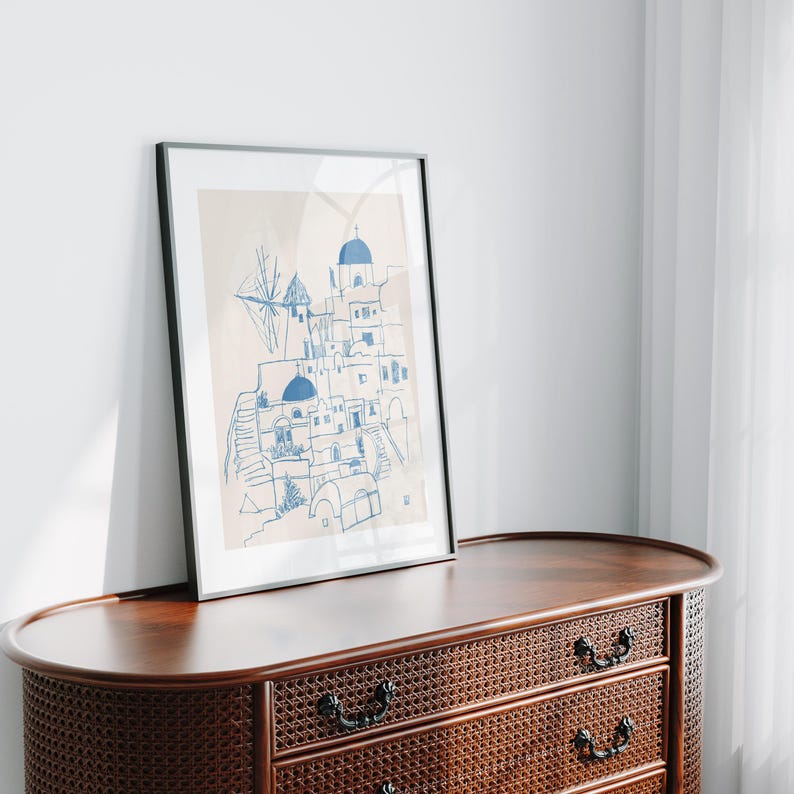 Lámina artística de Santorini, Grecia: Arte lineal minimalista, decoración de la isla griega. imagen 7