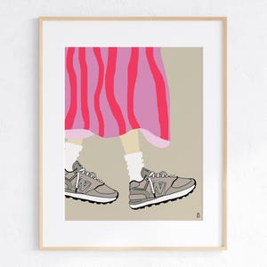 May include: A pair of gray sneakers with white laces and a pink and red striped skirt.