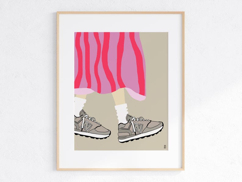 May include: A pair of gray sneakers with white laces and a pink and red striped skirt.