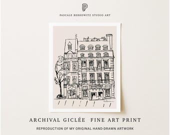 Lámina artística de un edificio parisino: Ilustración minimalista francesa