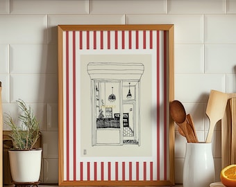 BAKERY Giclée Fine Art Print, Food Art, Minimalist Art, New York Wall Art, Bakery Drawing, Bakery with Red and White Stripes