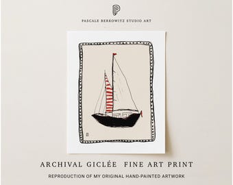 Lámina artística con boceto de velero: ilustración náutica, decoración minimalista para pared.