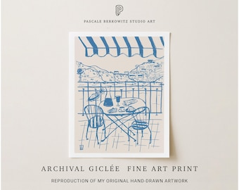 Lámina artística de Positano, Italia: Ilustración minimalista de una escena en un balcón.