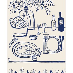May include: A dark blue line art illustration on a light beige background depicting a dining table setting. The scene features a fish on a plate, a bowl of bread, two wine glasses, two bottles, a small bowl, cutlery, and a vase with flowers.