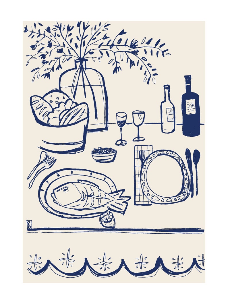 May include: A dark blue line art illustration on a light beige background depicting a dining table setting. The scene features a fish on a plate, a bowl of bread, two wine glasses, two bottles, a small bowl, cutlery, and a vase with flowers.