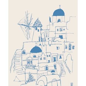 Puede incluir: Un dibujo de l&iacute;neas azules sobre un fondo beige claro que representa una escena de pueblo mediterr&aacute;neo con edificios de c&uacute;pula, un molino de viento y escaleras de piedra. La obra muestra detalles arquitect&oacute;nicos como cruces sobre las c&uacute;pulas.