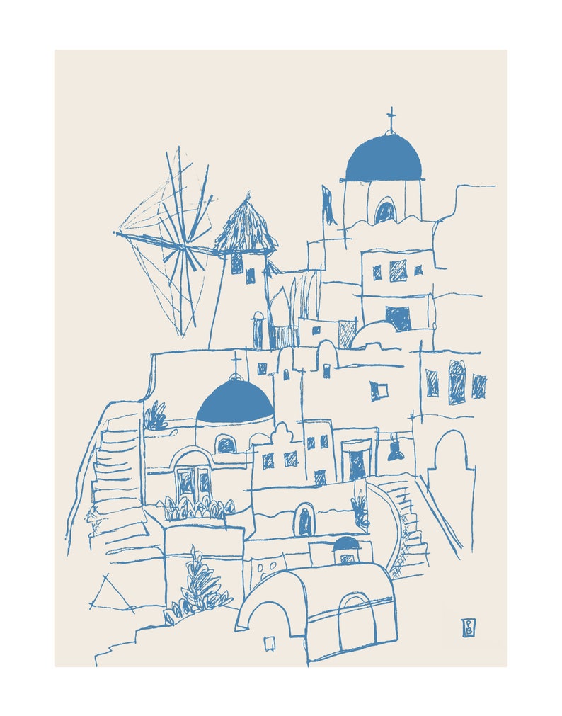Puede incluir: Un dibujo de l&iacute;neas azules sobre un fondo beige claro que representa una escena de pueblo mediterr&aacute;neo con edificios de c&uacute;pula, un molino de viento y escaleras de piedra. La obra muestra detalles arquitect&oacute;nicos como cruces sobre las c&uacute;pulas.