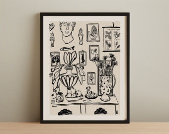 Illustration Art Print, Giclée Fine Art Print of an Original Sketch Illustration, "Wall of Oddities", Wall Art Decor