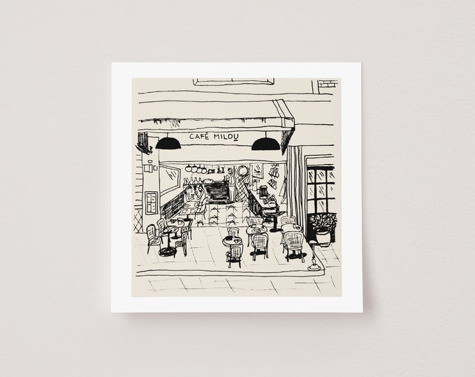 Giclée Fine Art Print Signed by Artist of an Original Sketch Illustration,  "Cafe Milou" Art Print, Wall Decor