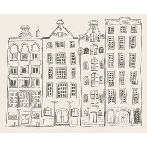 May include: A line drawing illustration of four tall, narrow buildings with varied roof shapes and multiple grid-patterned windows. The artwork features dark brown outlines on a light beige background, depicting architectural facades with doors.