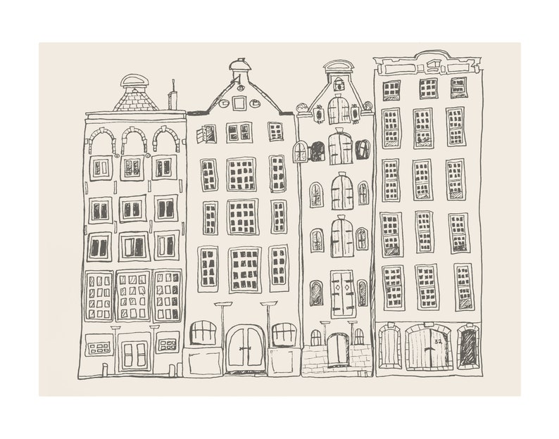 May include: A line drawing illustration of four tall, narrow buildings with varied roof shapes and multiple grid-patterned windows. The artwork features dark brown outlines on a light beige background, depicting architectural facades with doors.
