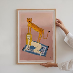 Cheetah & Woman Giclée Art Print: Kitsch Animal Painting