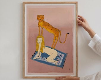 Lámina artística giclée de guepardo y mujer: pintura animal kitsch.