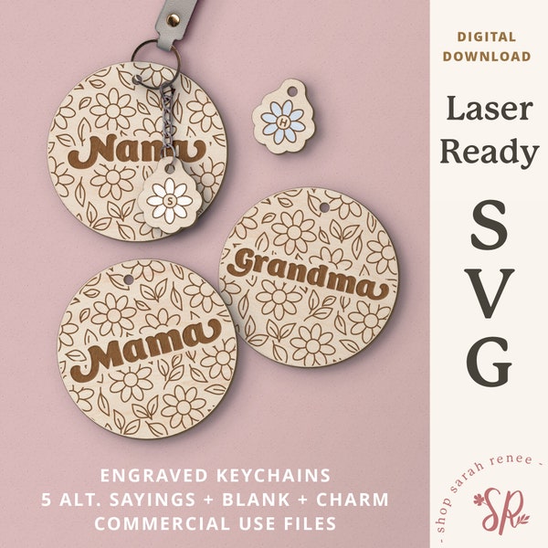 Mom Keychain SVG Laser File Bundle, Mothers Day Laser Cut File, Mama Round Keychain SVG, Daisy Flower Pattern, Cute Glowforge Mom File