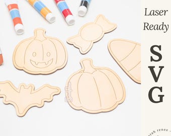 Könnte beinhalten: Fünf hölzerne Halloween-Formen zum Basteln, darunter eine Fledermaus, ein Mais, ein Kürbis und zwei Kürbisse mit unterschiedlichen Gesichtsausdrücken. Die Formen sind lasergeschnitten und zum Bemalen bereit. Der Text "COMMERCIAL USE FILES" befindet sich am unteren Rand des Bildes.