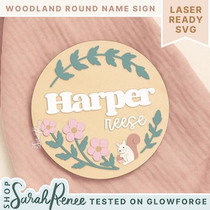 Wald Kinderzimmer Namensschild Laser-Datei, geschichtetes rundes Baby Namensschild SVG, Glowforge Acryl-Zeichen, Baby-Name des Mädchens Foto-Requisite, Neugeborenen Zeichen SVG